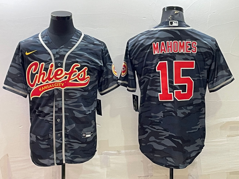 Men's Kansas City Chiefs Blank #15 Patrick Mahomes Grey/Navy Camo With Patch Cool Base Stitched Baseball Jersey